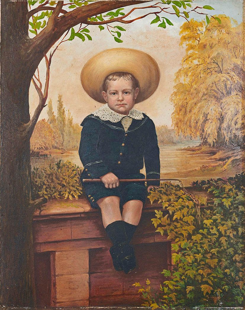 Ecole ANGLAISE du début du XXe siècle 穿水手服的儿童肖像
纸板上的油画。
60,7 x 48 cm