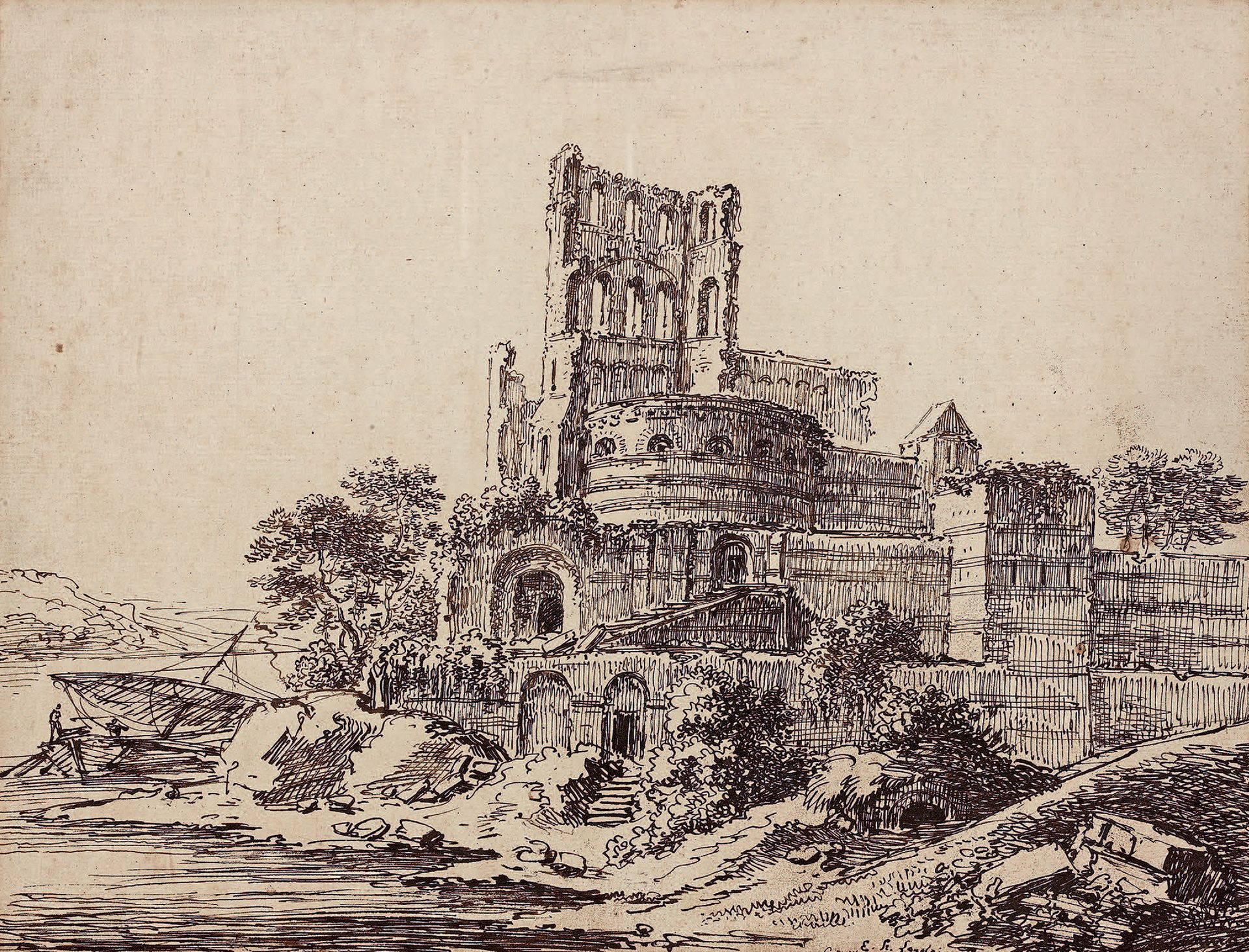 Eustache Hyacinthe LANGLOIS (1777-1837) 河边的教堂废墟
钢笔和棕色墨水，右下角有签名，日期为7月6日（18）26。
25&hellip;