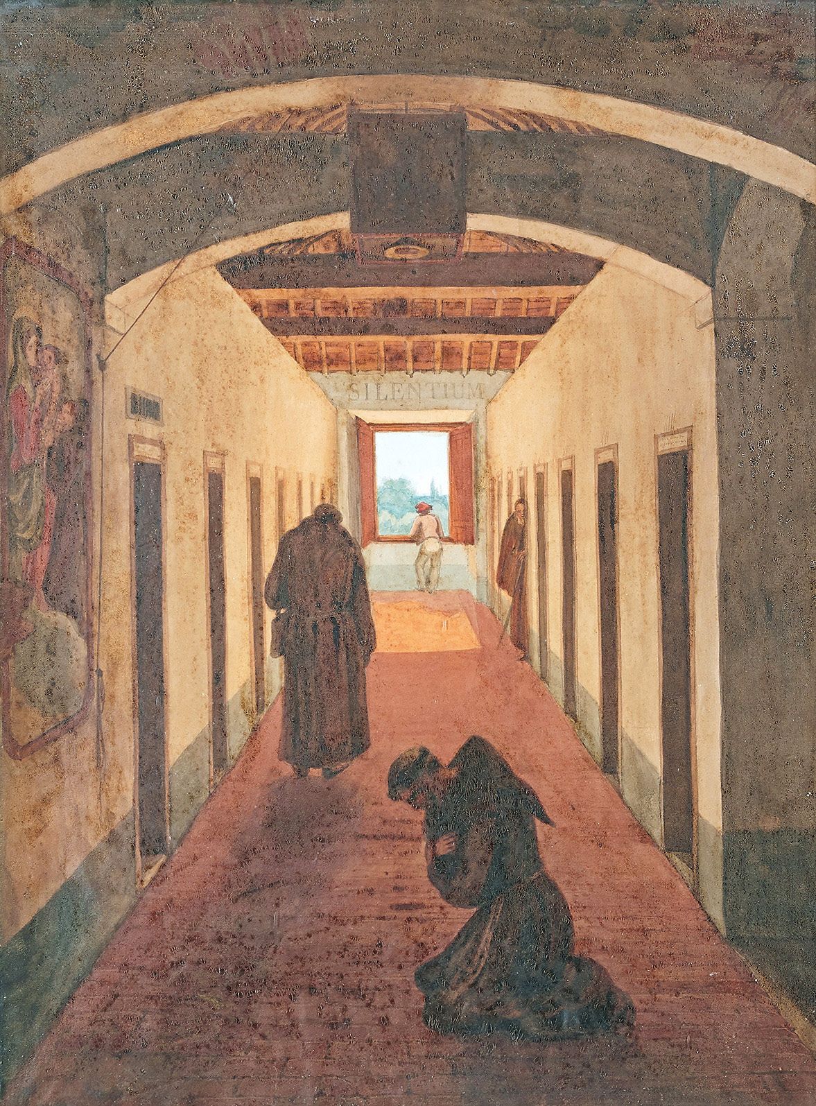 École FRANÇAISE du début du XIXe siècle 修道士和修道院走廊里的人物
水彩，墨水。
52 x 40 cm