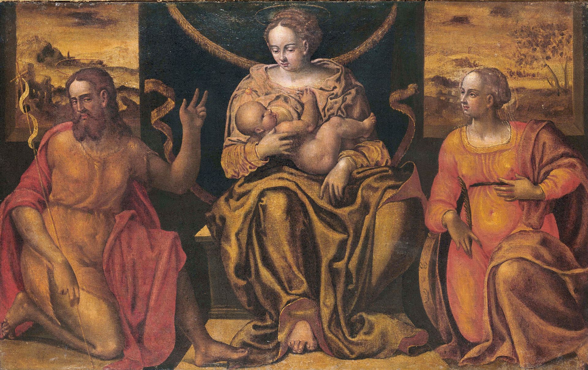 Luca LONGHI (1507-1580) 被亚历山大的圣凯瑟琳和施洗者圣约翰包围的圣母和儿童耶稣
布面油画，衬托出。
 （修复）。
64,5 x 102 &hellip;