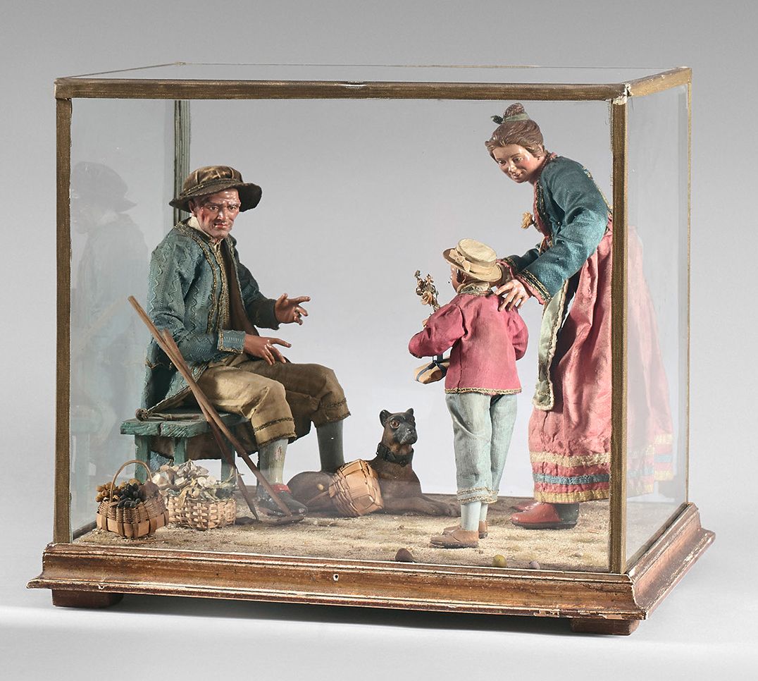 Null 表现一个女人陪着她的孩子去拜访一个年老的园丁的立体图，用赤土、织物和木头制作。
1800年左右那不勒斯的作品（？）。
在一个陈列柜中。
高度：36厘米&hellip;