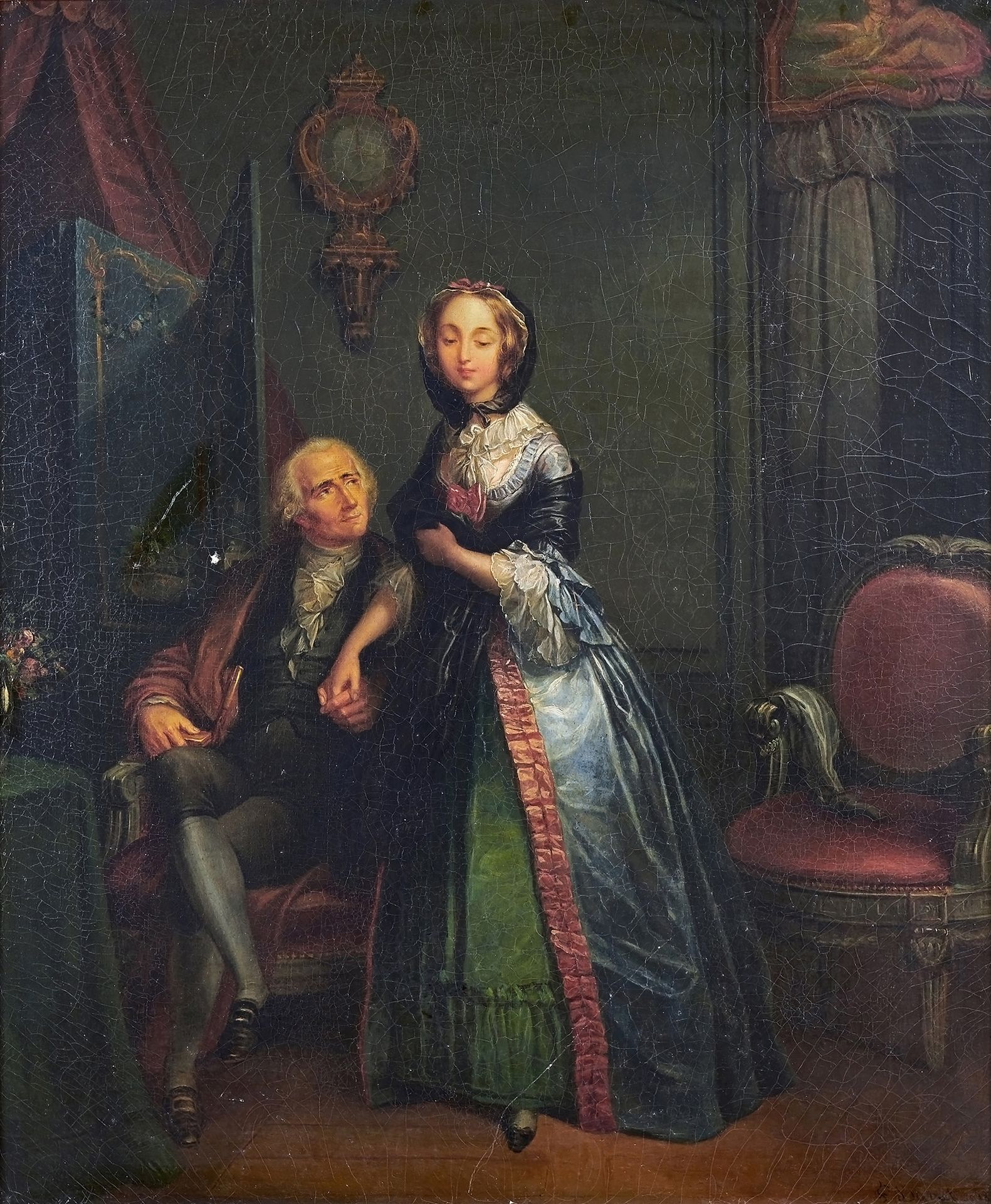 Félix BARRET (1807-1849) 室内的夫妇
布面油画，右下方有签名和日期。
65 x 54 cm