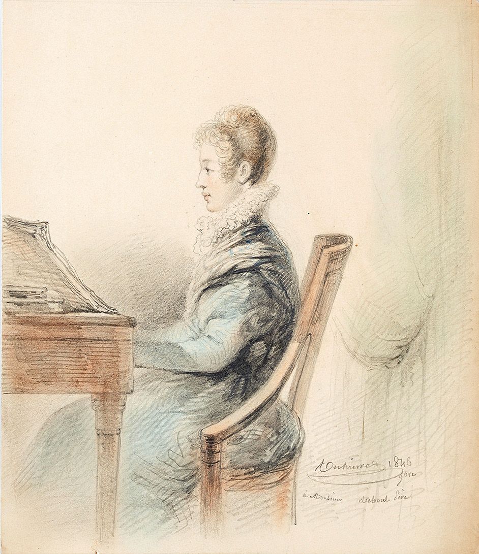 École Française du XIXe siècle 弹钢琴的年轻女子的肖像，1846年
黑色和彩色铅笔，签名（难以辨认），注释和日期。
26 x 22&hellip;
