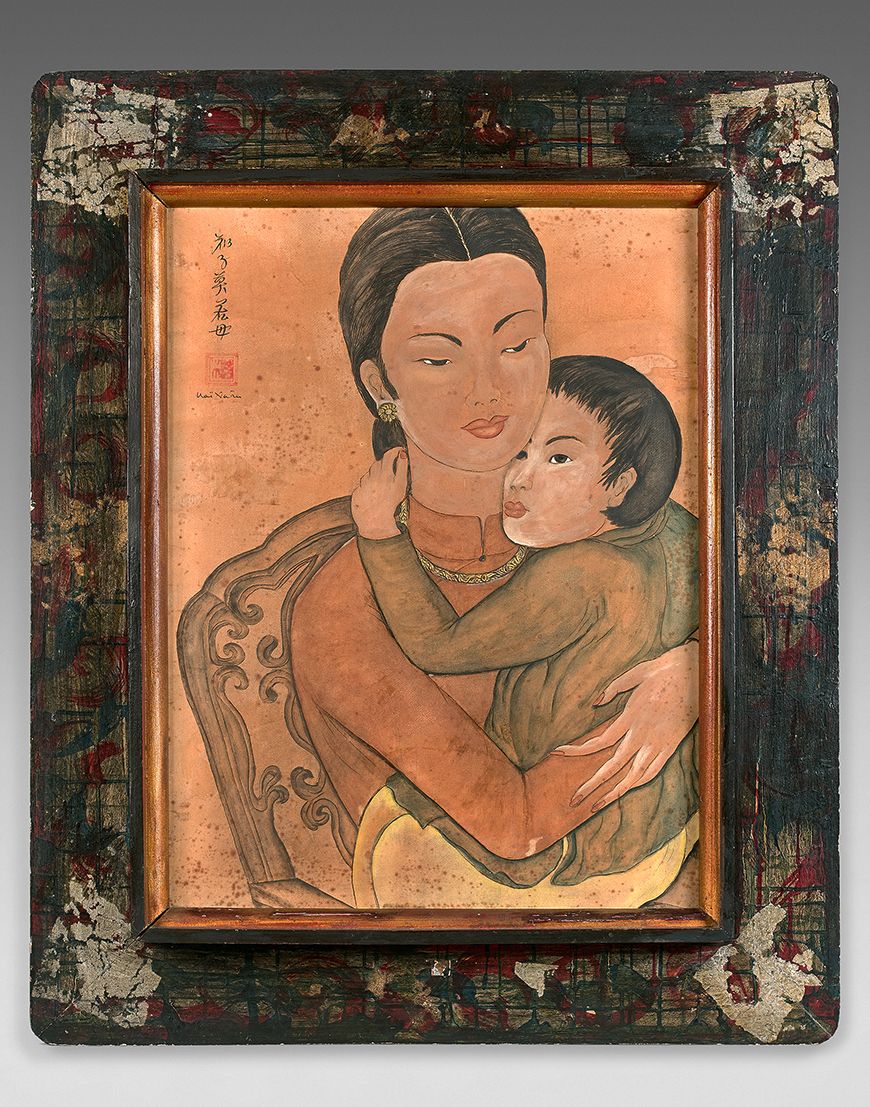 Mai XUAN (Vietnam, XXe siècle) 母亲和孩子
纸上水彩和水粉画，装在面板上。
左上角有签名，背面在面板上有会签。
 （潮湿的污点，右&hellip;