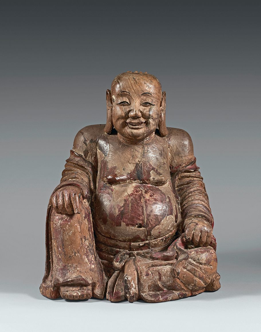 CHINE - XIXe siècle Budai statue in carved wood with traces of polychromy, sitti&hellip;