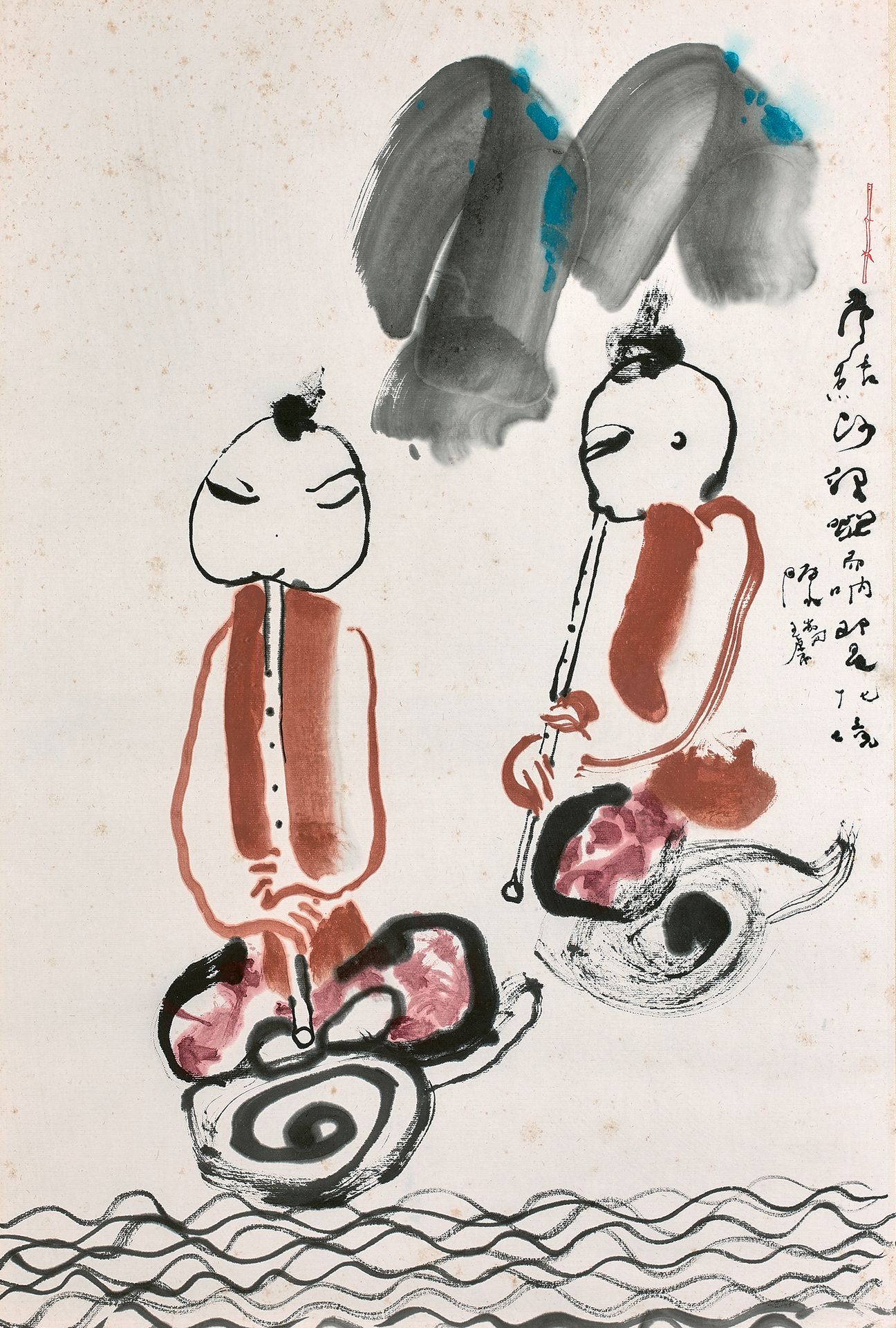 TAN SWIE HIAN (né en 1943) 长笛演奏者
纸上水墨和色彩。
右边有签名和诗句 "在河边吹笛子是幸福的"。
 （污渍）。
视线：68 x &hellip;