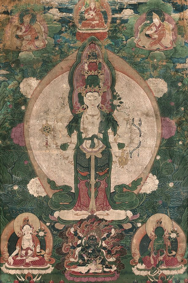 TIBET - XVIIIe siècle Tangkha, temple sobre lienzo, Avalokiteshvara de once cabe&hellip;
