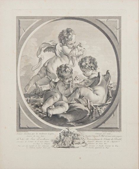 Null Lot including: a print in red chalk after Boucher: Mythological scene; an i&hellip;