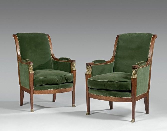 Null Pair of mahogany bergères with reversed back. Armrests with cuffs. Arm rest&hellip;