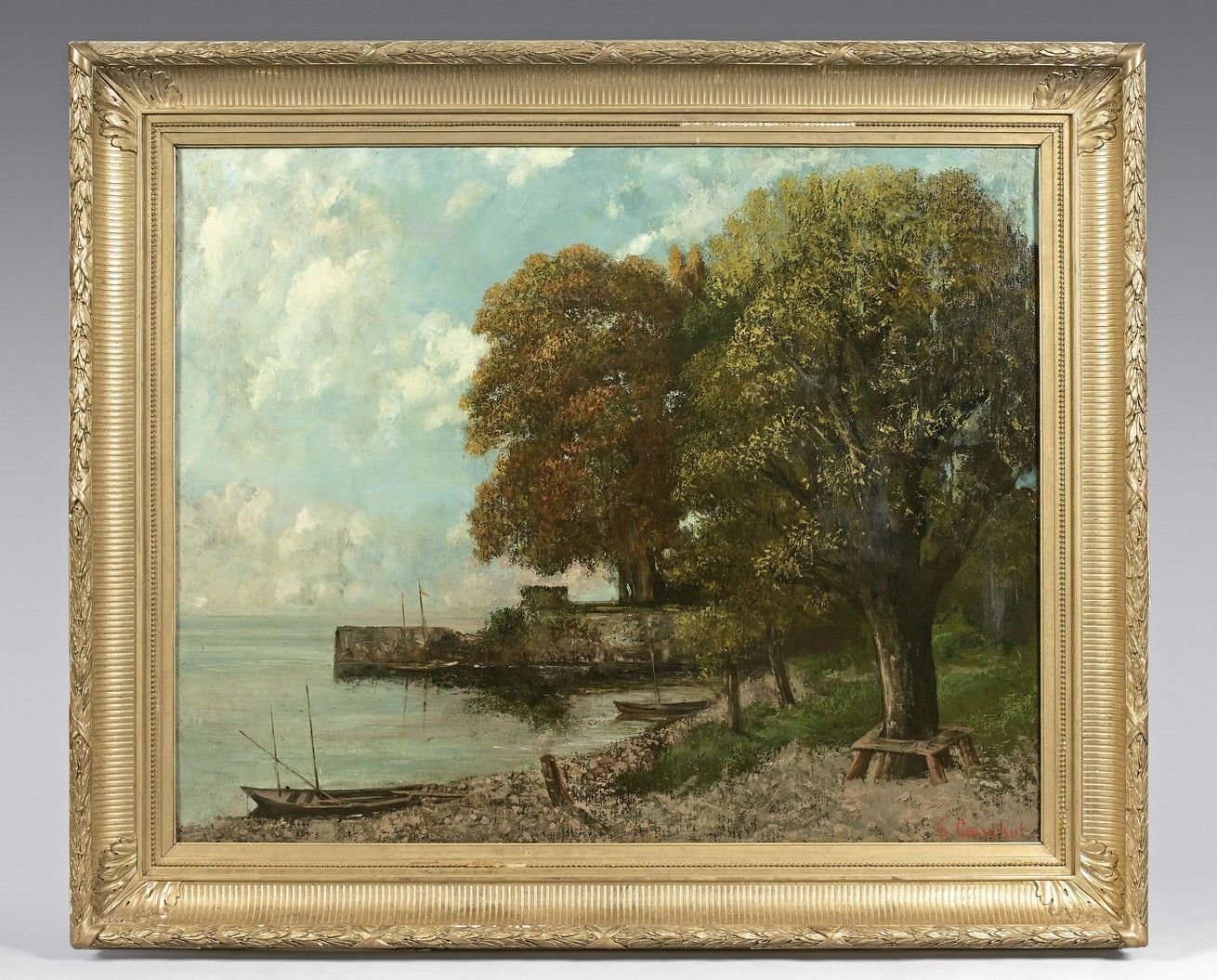 Null 古斯塔夫-库尔贝(1819-1877)和切鲁比诺-帕塔(1827-1899)日内瓦湖边缘对着佩尔兹塔，约1874/1875 布面油画，右下方有库尔贝的&hellip;