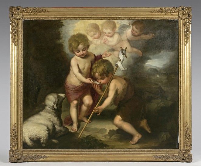 Null 西班牙学校，19世纪，穆里略之后 儿童耶稣和施洗者圣约翰 布面油画。103.8 x 125 cm