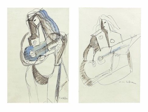 Null C. DI FELTRE Guitaristes Deux dessins à l encre rehaussés de lavis et d aqu&hellip;