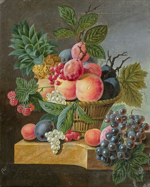 Null Johanes Cornelius de BRUYN (1800-1844) 静物与水果篮 布面油画，左下方有签名。(修复)。49 x 39,5 cm