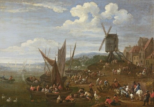Null Matthys SCHOEVAERDTS (1665年左右活跃于布鲁塞尔) 有磨坊的风景 有船和教堂的风景 油画一对。第二幅署名为左下方的Schoev&hellip;