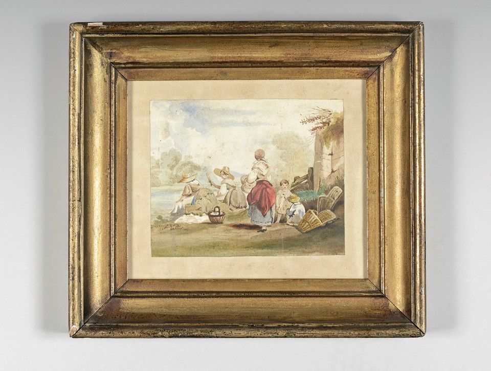 Null 法国学校，19世纪 洗衣女工 纸上水彩画。14,3 x 18 cm