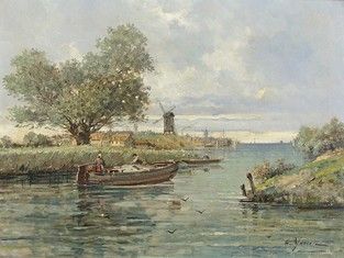 Null Gustave MASCART (1834-1914) Barques sur un canal en Hollande Huile sur toil&hellip;