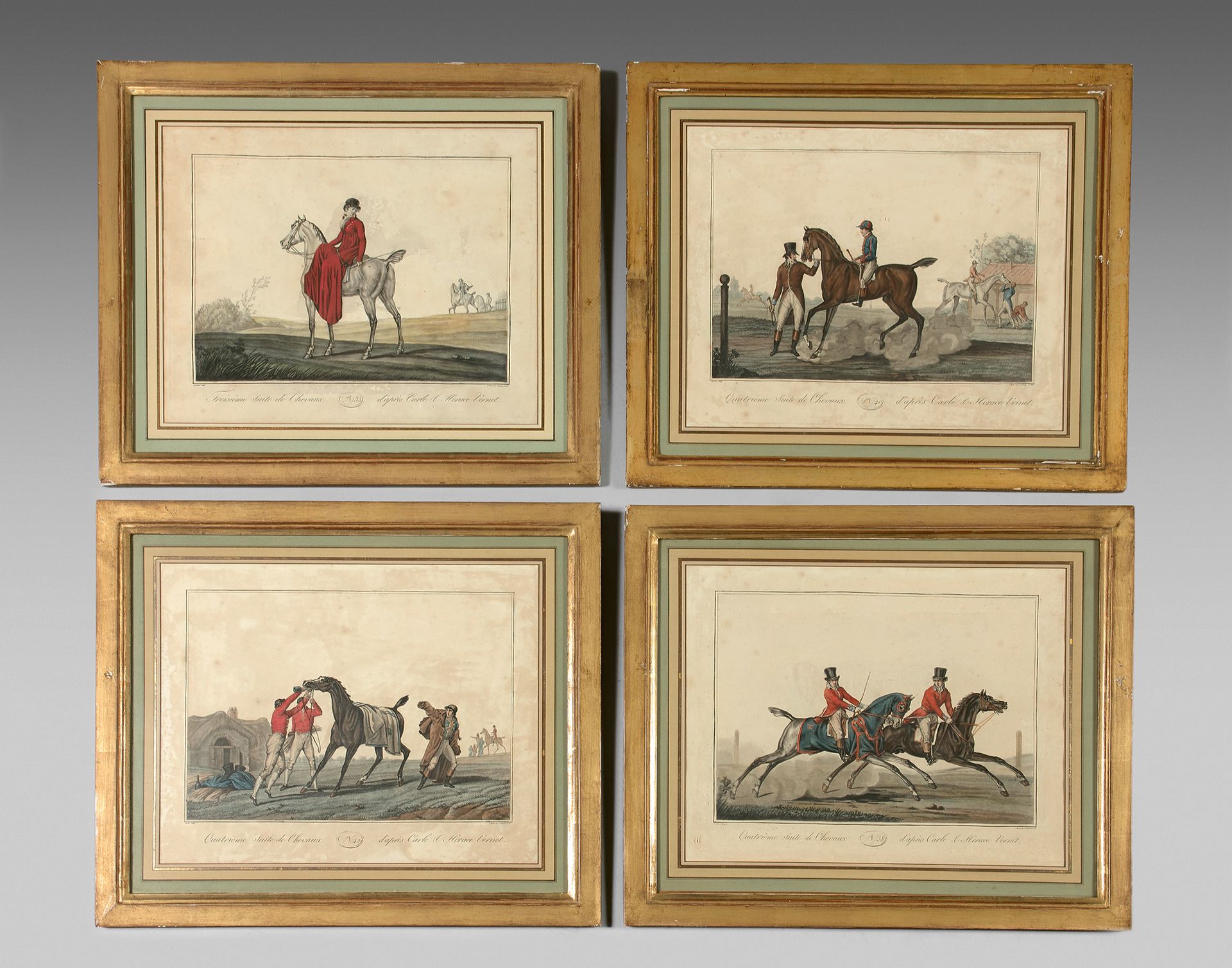 Null 根据Vernet的作品创作的七套有框彩色版画：《第二、第三和第四套马》。
视觉：31,5 x 40 cm