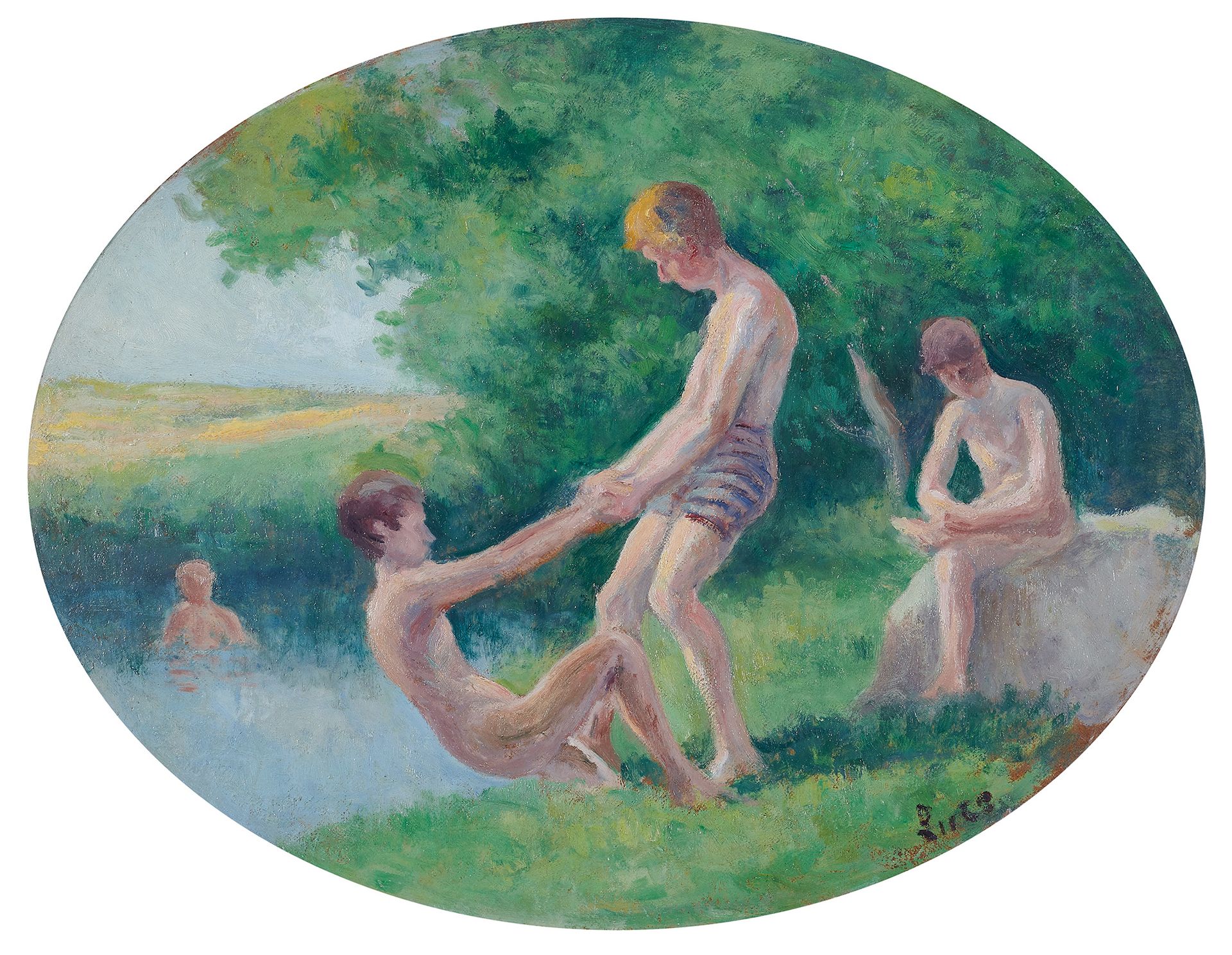 Maximilien Luce (1858-1941) Rolleboise, baigneurs
椭圆形面板上的油画，右下方签名。
37,5 x 48 cm
&hellip;