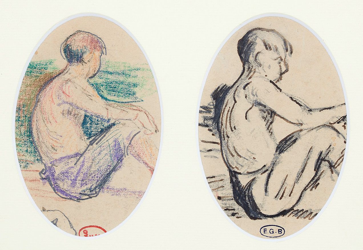 Maximilien Luce (1858-1941) 沐浴者研究，约1906年
同一画框中的两幅椭圆形风景画，一幅是用彩色铅笔画的，中下部有工作室的印章，另一&hellip;