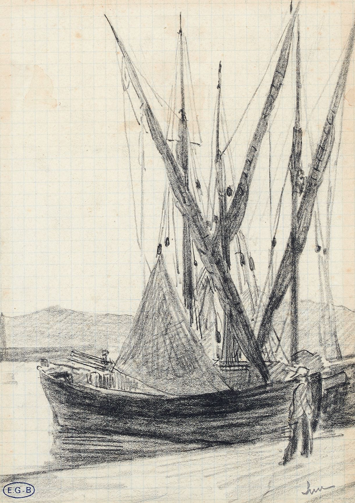 Maximilien Luce (1858-1941) 圣特罗佩港，码头上的帆船
图纸上的黑色铅笔和树桩画，右下方有签名，左下方有Edouard-Georges&hellip;