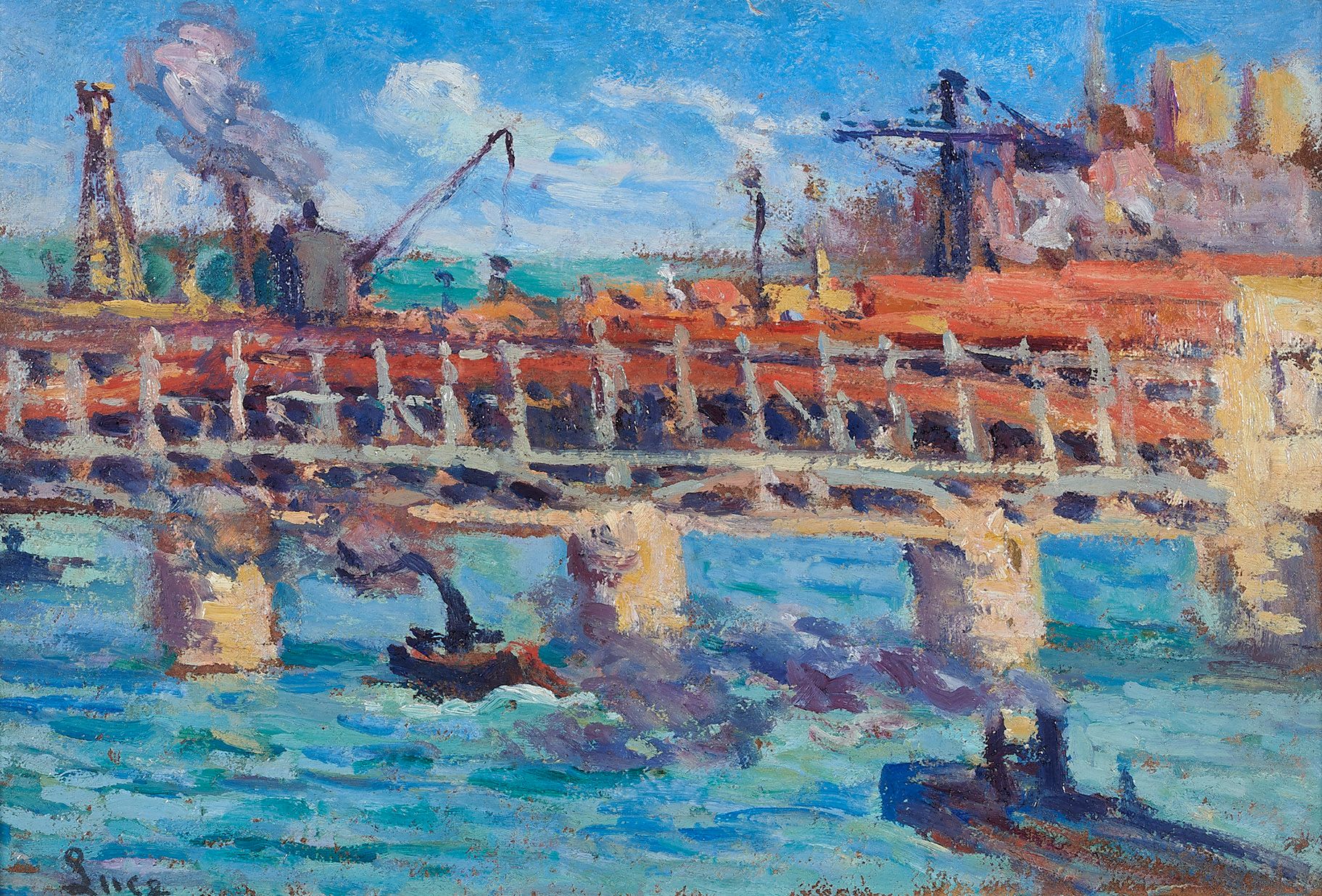Maximilien Luce (1858-1941) Tugs under a bridge under construction
Oil on cardbo&hellip;