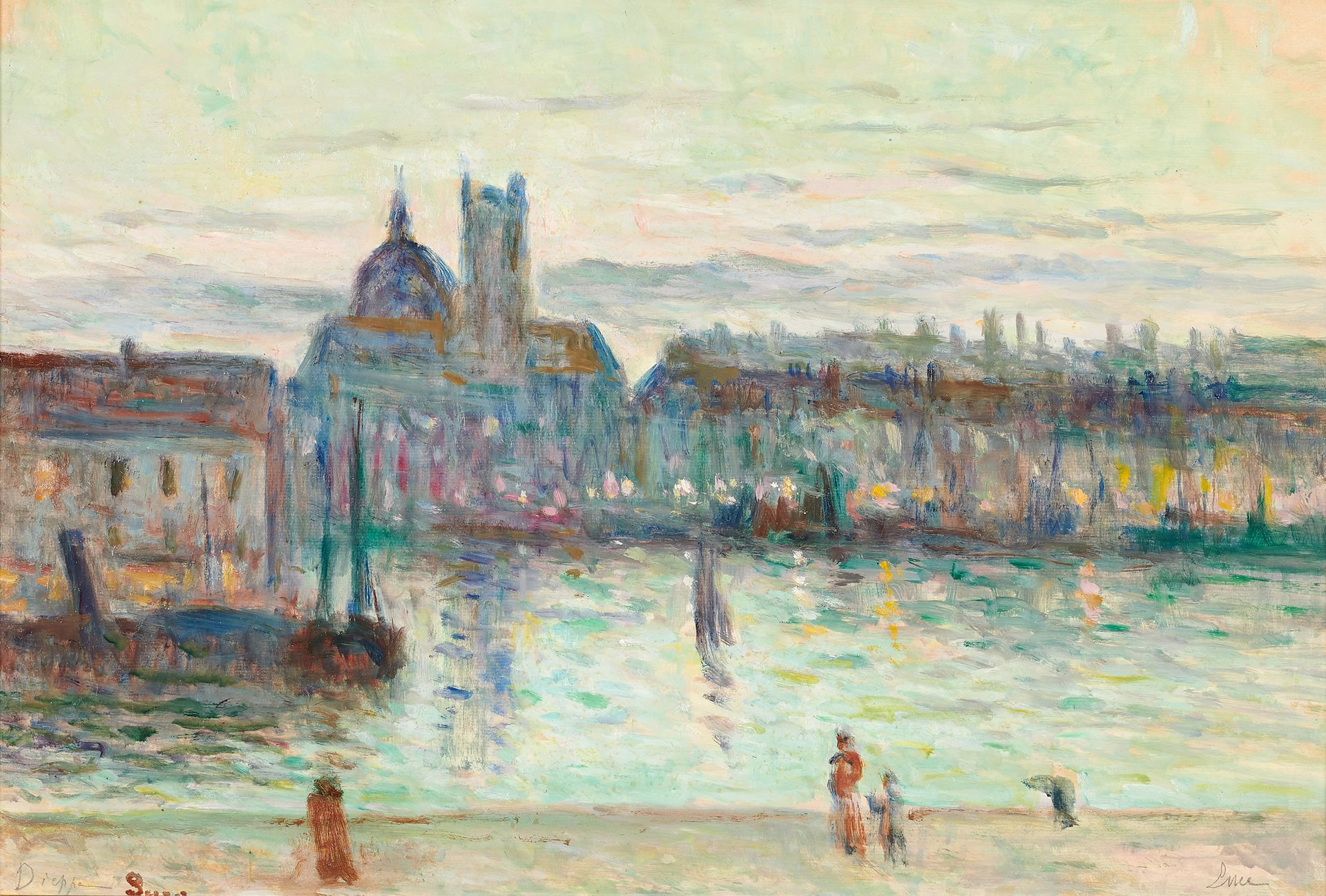 Maximilien Luce (1858-1941) Dieppe, les quais au crépuscule Olio su carta montat&hellip;