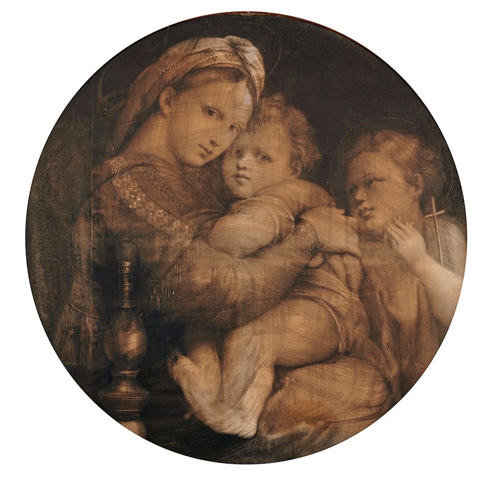 École Française du XIXe siècle 坐在椅子上的圣母，仿照拉斐尔
布面油画，圆形视图。
直径：75厘米