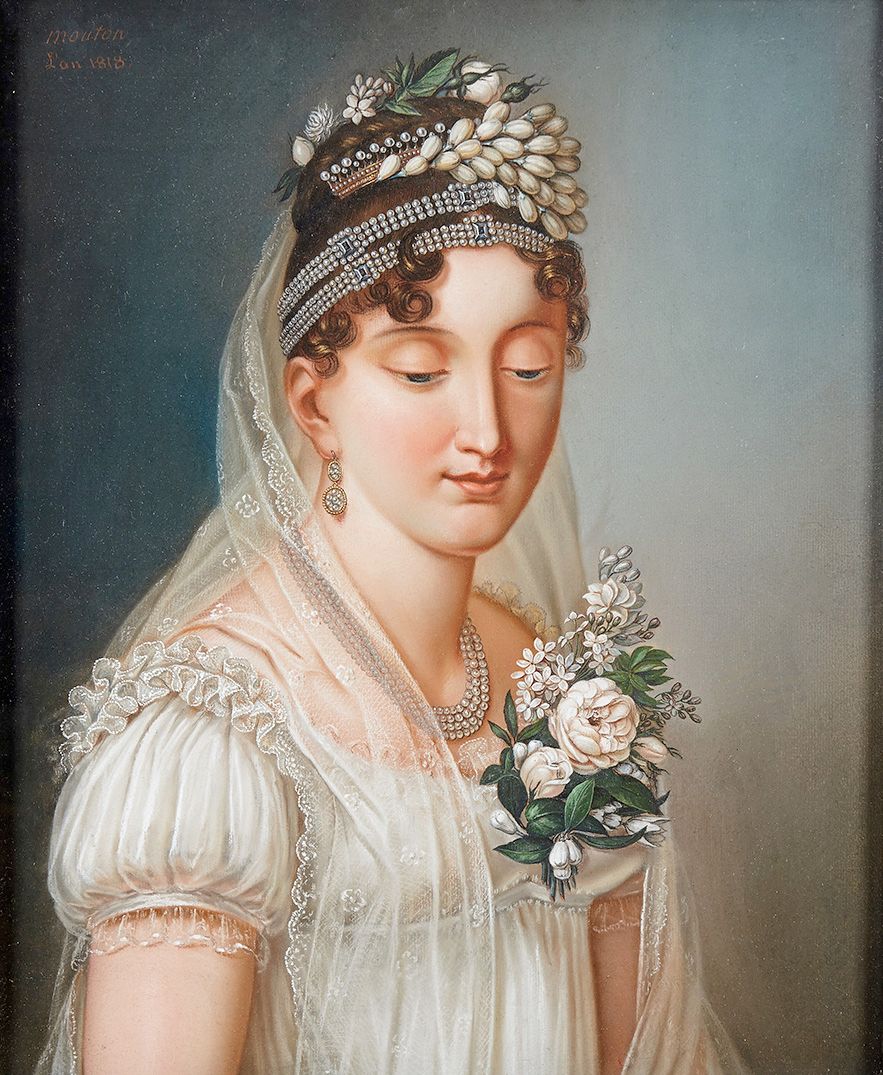 Cathelin-Maurice MOUTON (1769-1850) 作为新娘的年轻女子的肖像，1818年
粉彩画，左上方有签名和日期。
49.5 x 40.&hellip;