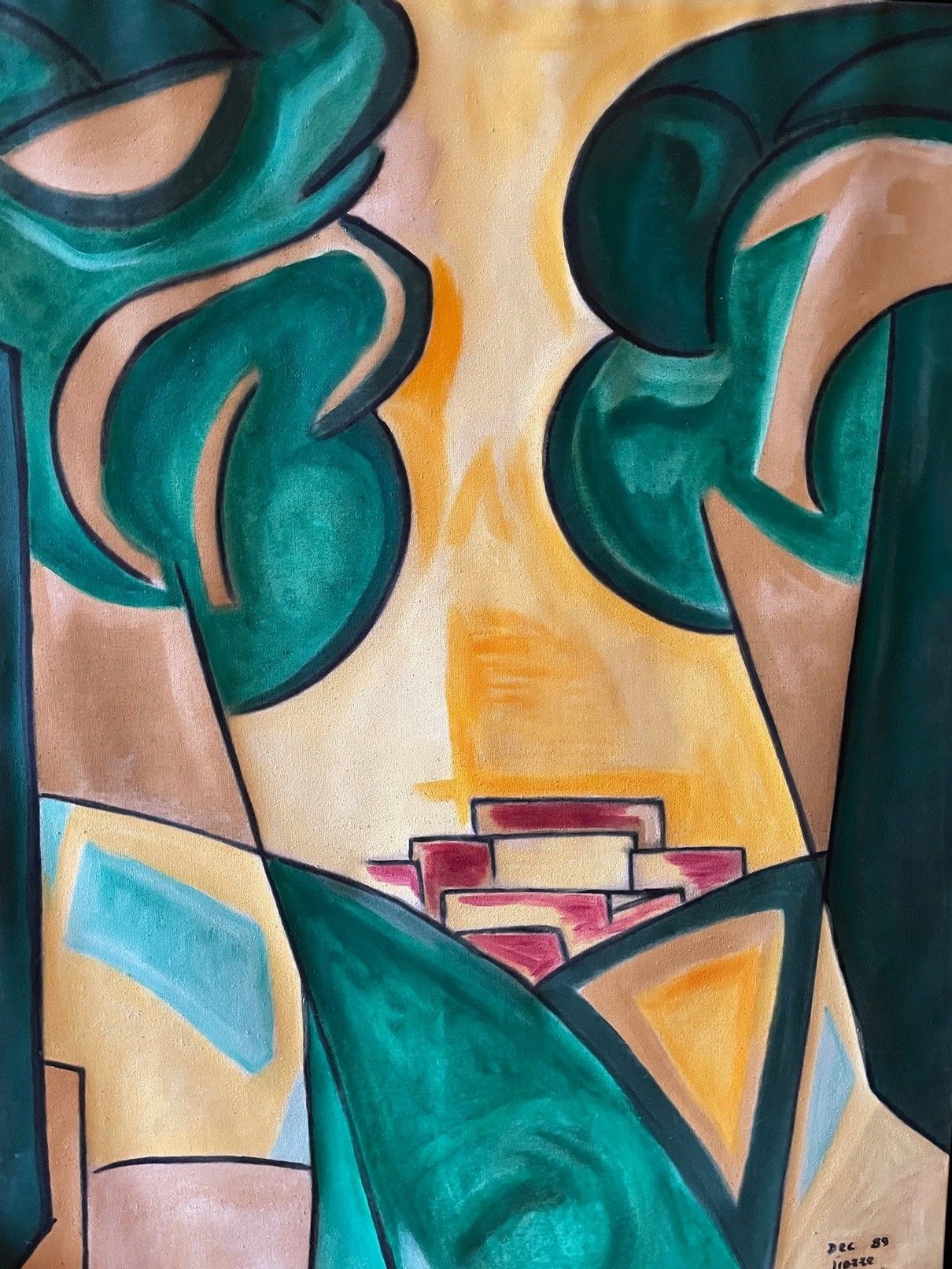 Null 皮埃尔-曼甘（现代学校）。

"黄色和绿色的构成"。

布面油画，右下方有签名和日期89年10月。

148 x 113厘米
