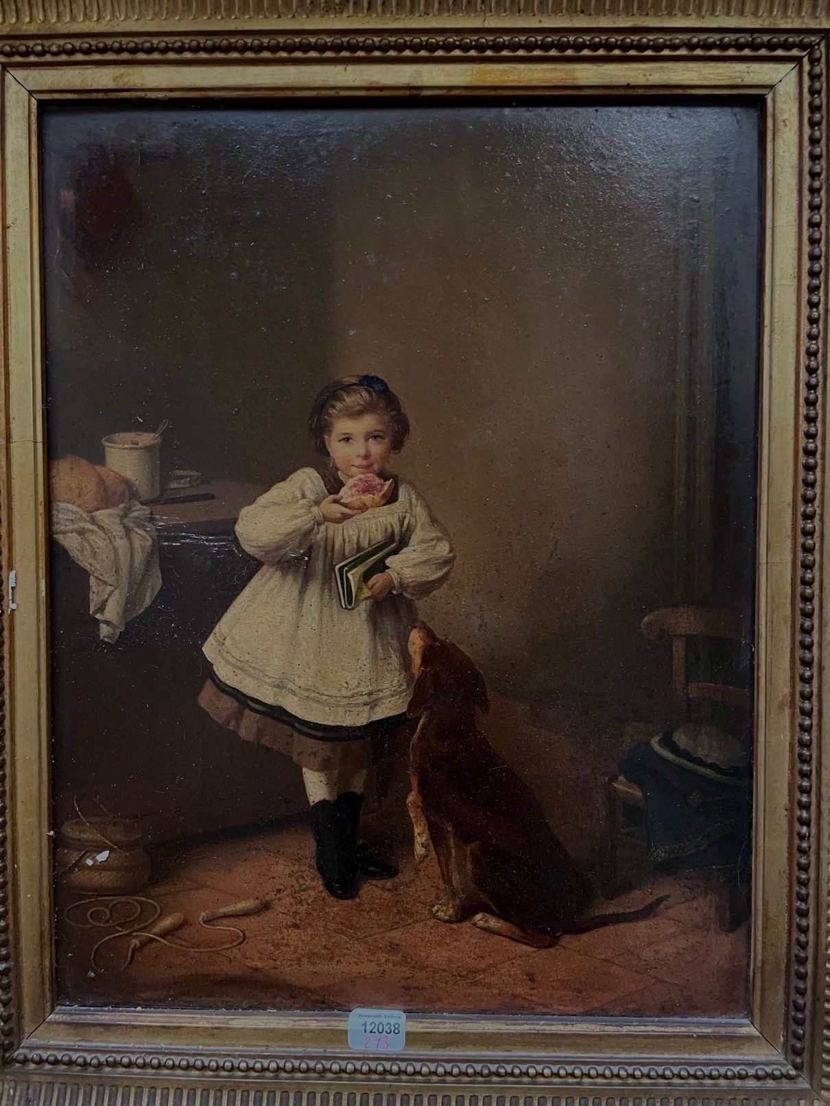 Null Schule des 19. Jahrhunderts :

"Junges Mädchen mit Butterbrot und Hund".

Ö&hellip;