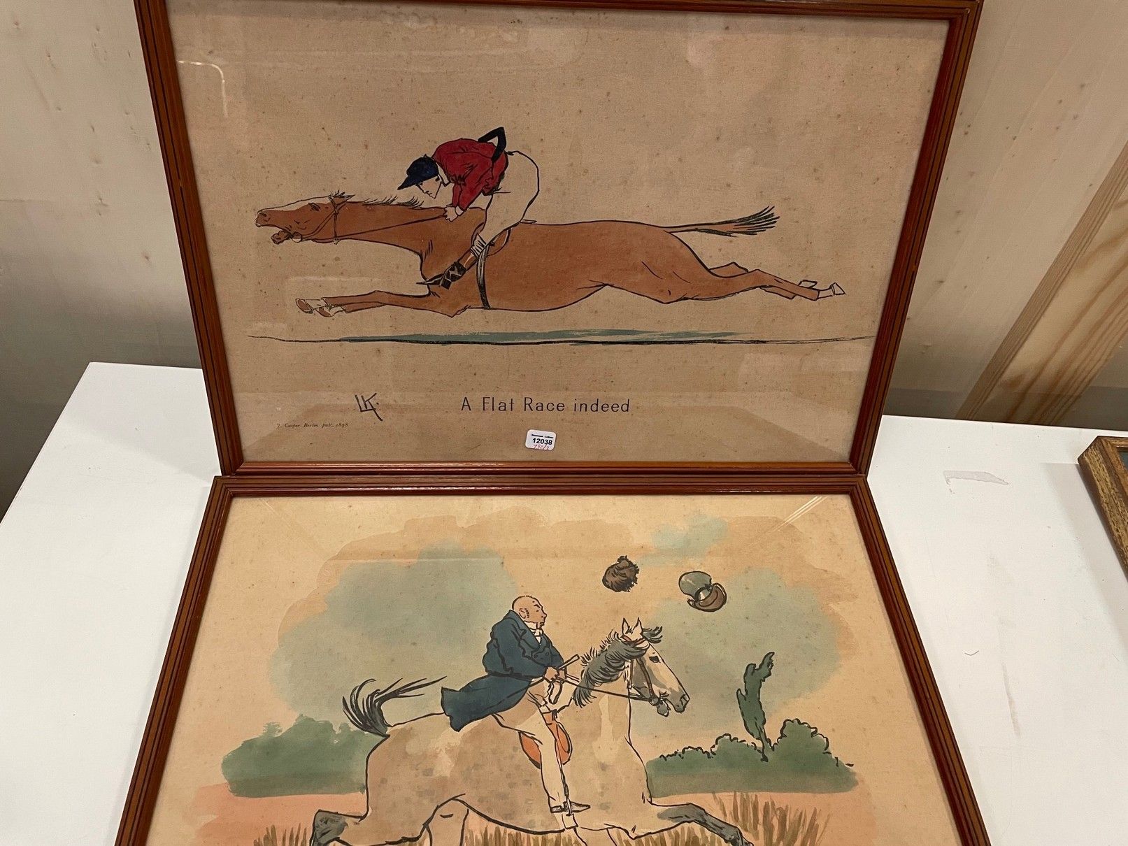 Null Two English humorous equestrian engravings in color : "A flat Race indeed".