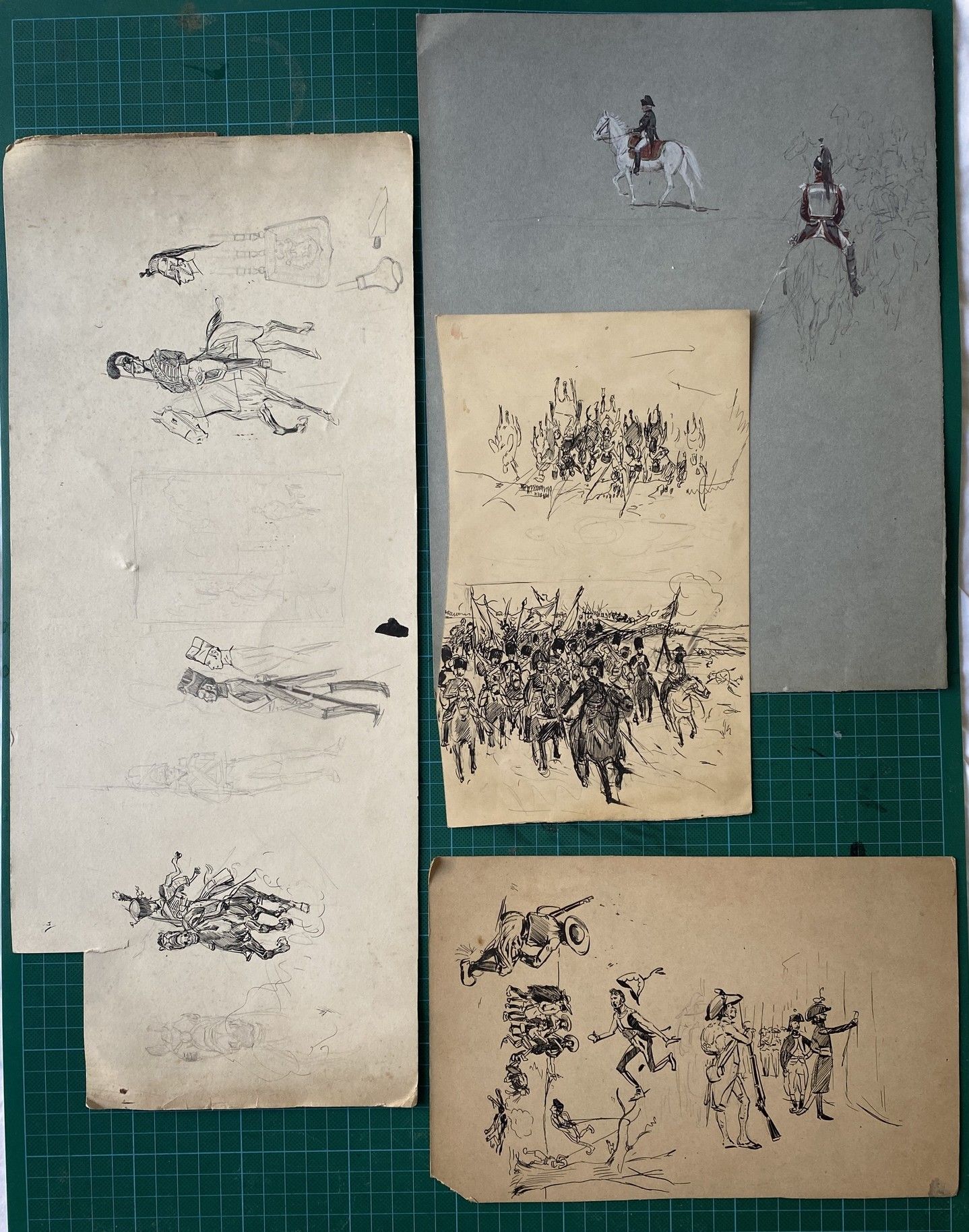 Null 
ALPHONSE LALAUZE (1872-1941), 4组主题：军事指控，轻骑兵，漫画，纸上水墨画，最小的：24 x 14.7厘米/最大的：1&hellip;
