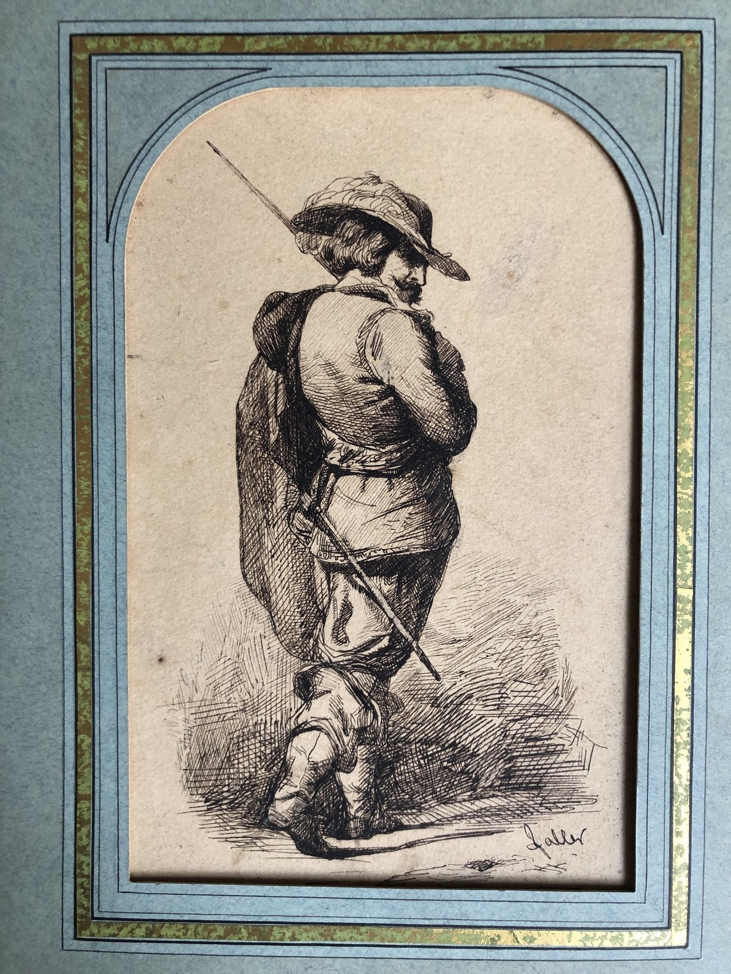 Null 
Louis Clément Faller (1819-1901).


A musketeer.


Pen and brown ink.


16&hellip;