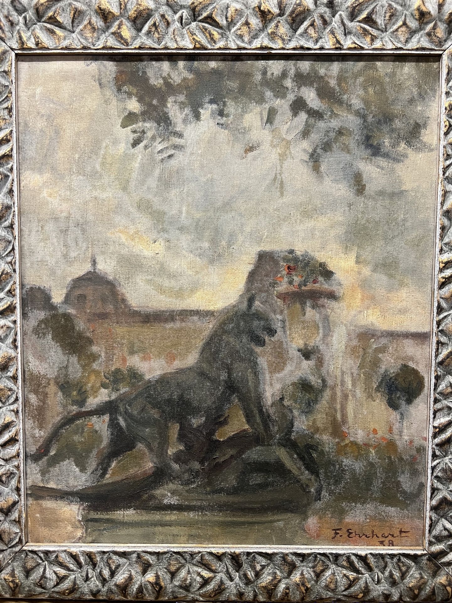 Null François EHRHART : "Lion en bronze devant une façade", huile sur toile sign&hellip;