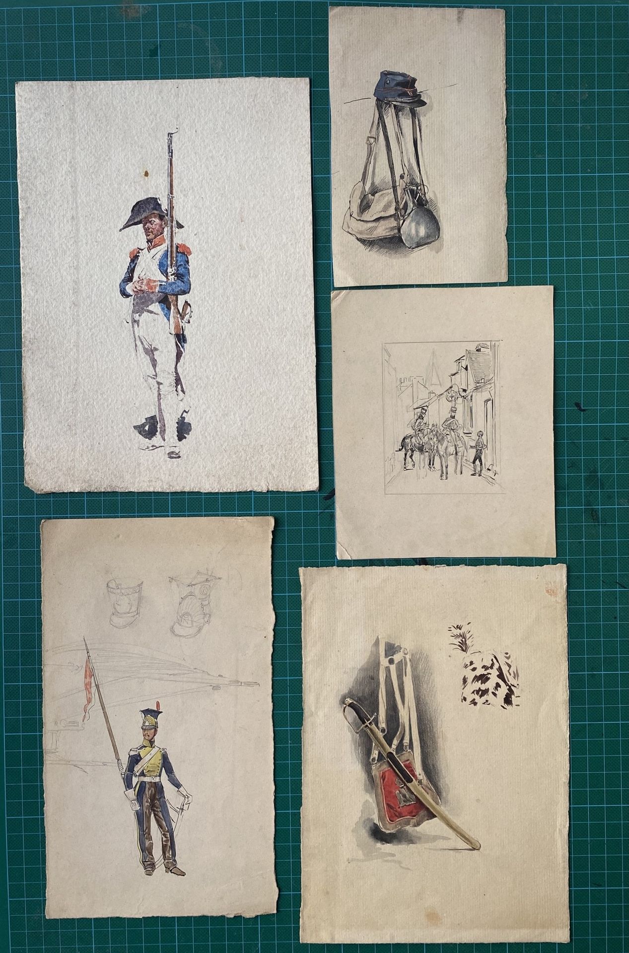 Null 
ALPHONSE LALAUZE (1872-1941), 5组主题：步枪手，带旗帜的士兵，骑兵，装备研究，纸上水彩，墨水和石墨，最小的：16.1 &hellip;