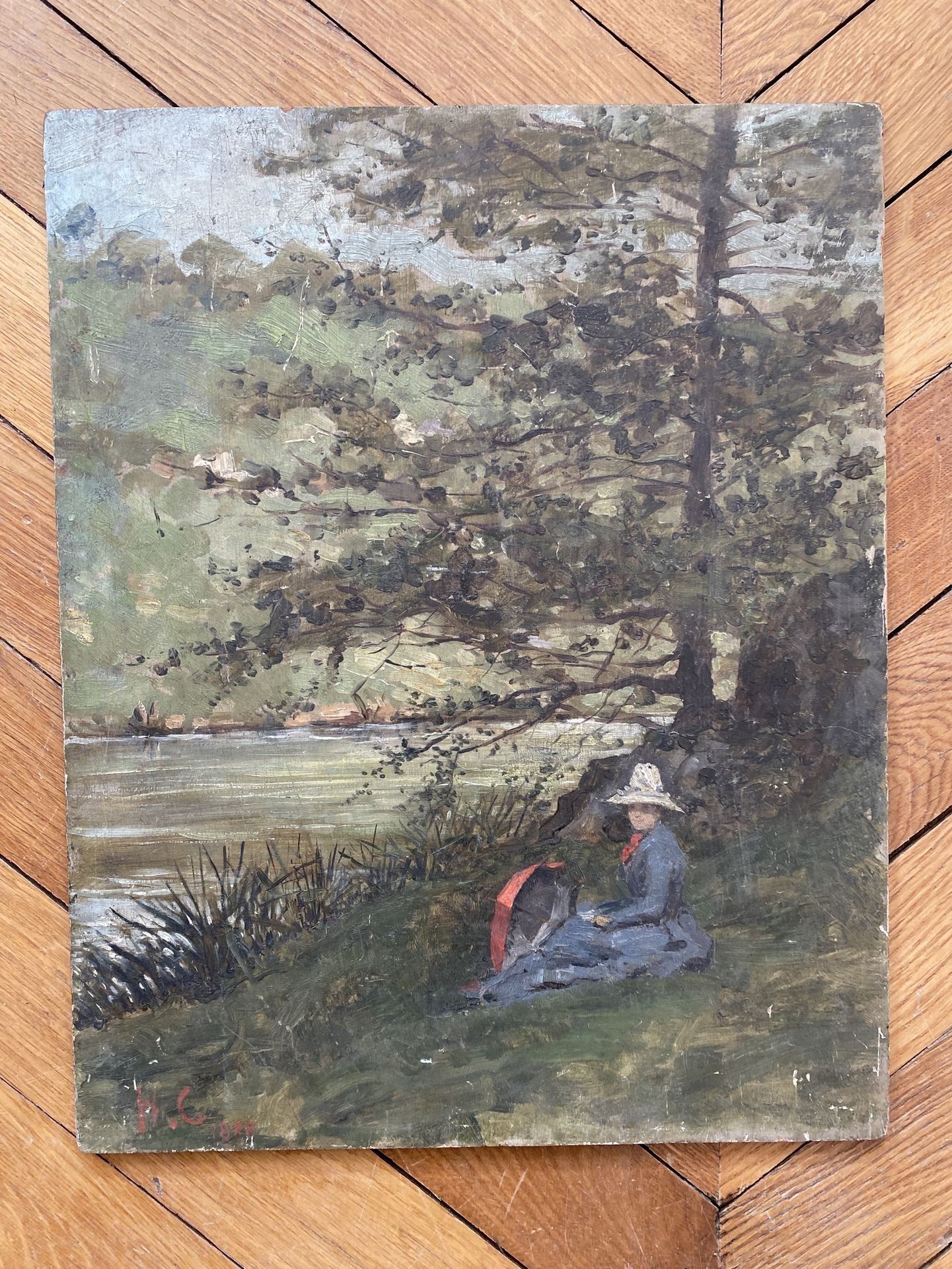 Null 
19世纪末的印象派艺术，HORACE DE CALLIAS(1847-1921)的风景 _




穿着蓝色连衣裙、打着红色阳伞的优雅女子坐在河岸上&hellip;