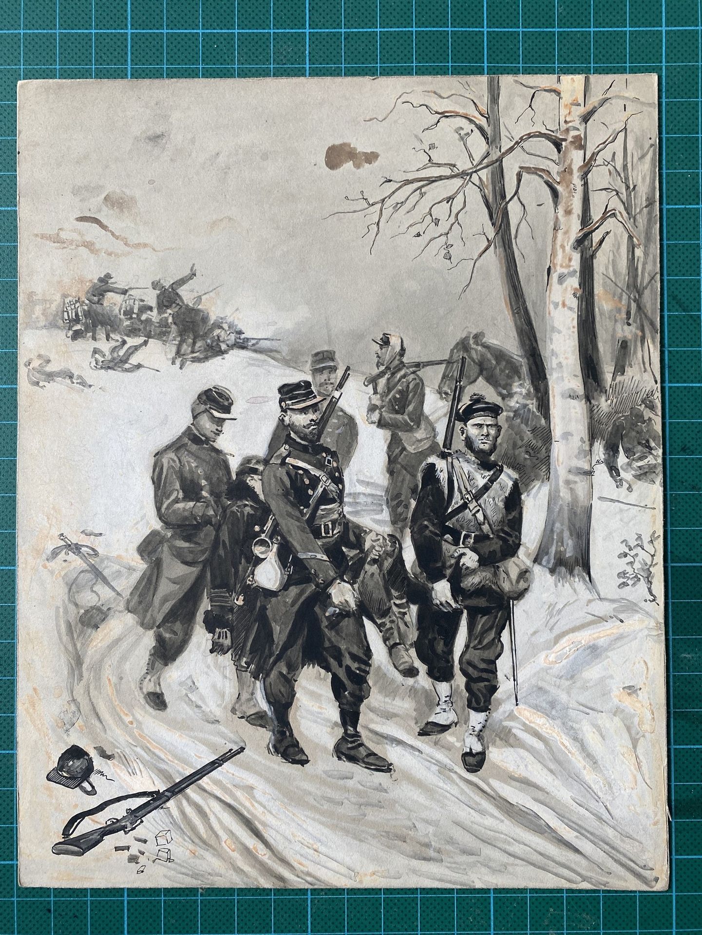 Null 
ALPHONSE LALAUZE (1872-1941)，《冬天》，步兵和水手疏散伤员，第三共和国时期，水粉画在坚固的纸上，22.3 x 17.7厘&hellip;
