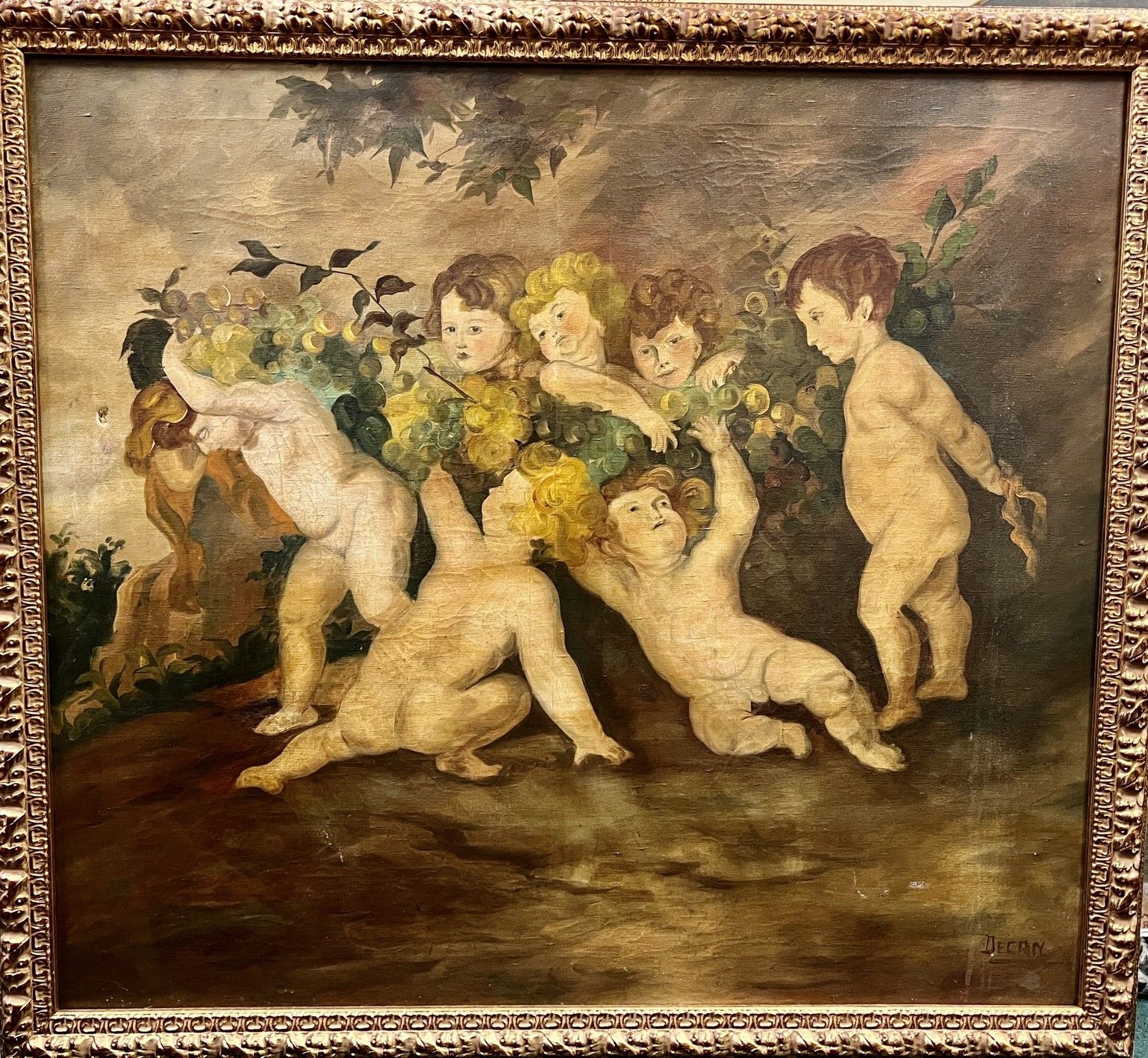 Null DECAN："Les enfants vendangeurs"，布面油画，右下角有签名（小孔和旧修复）。