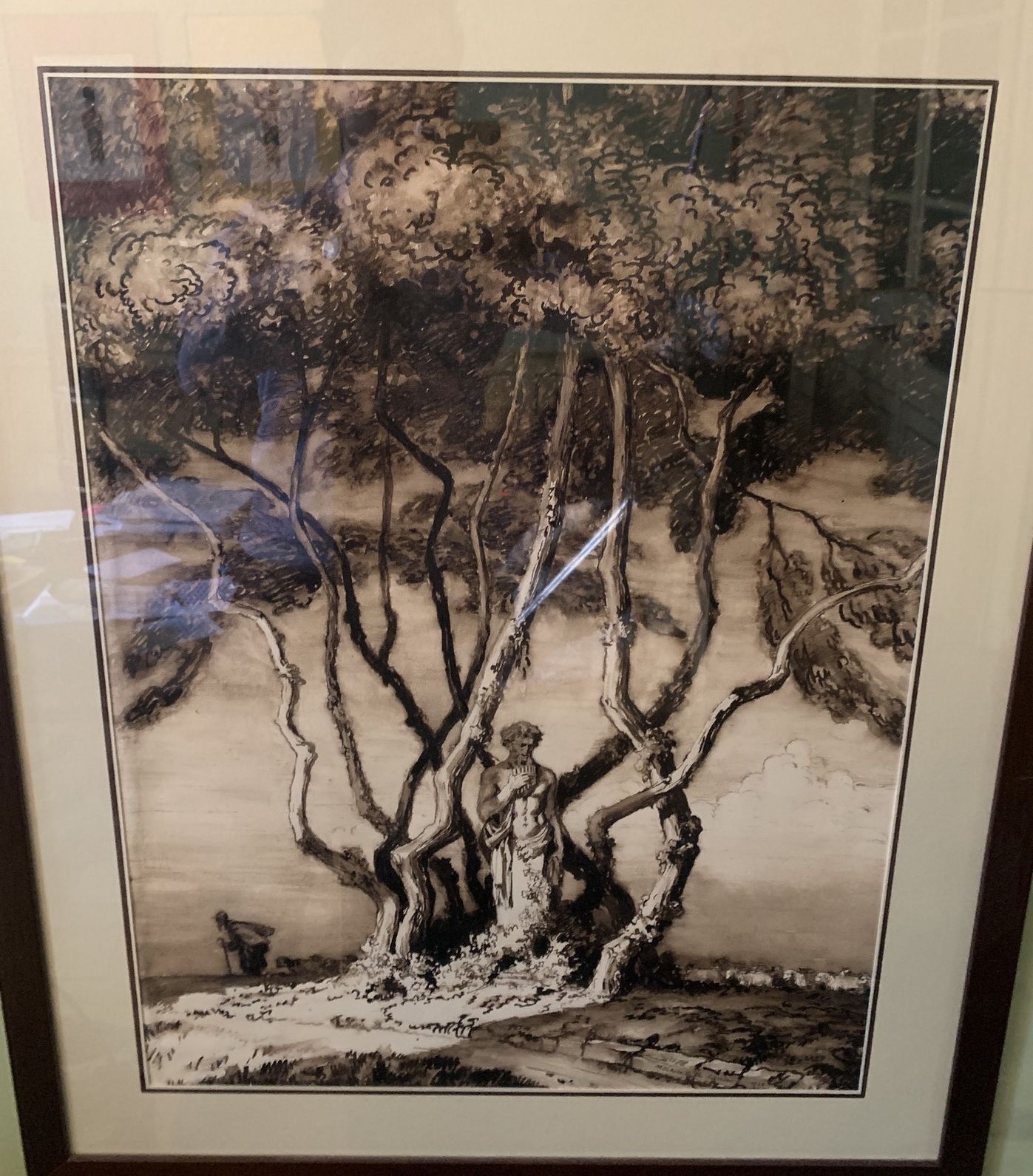 Null 
Maurice DE LAMBERT (1873-1952): Pan under a bunch of trees. Ink wash signe&hellip;