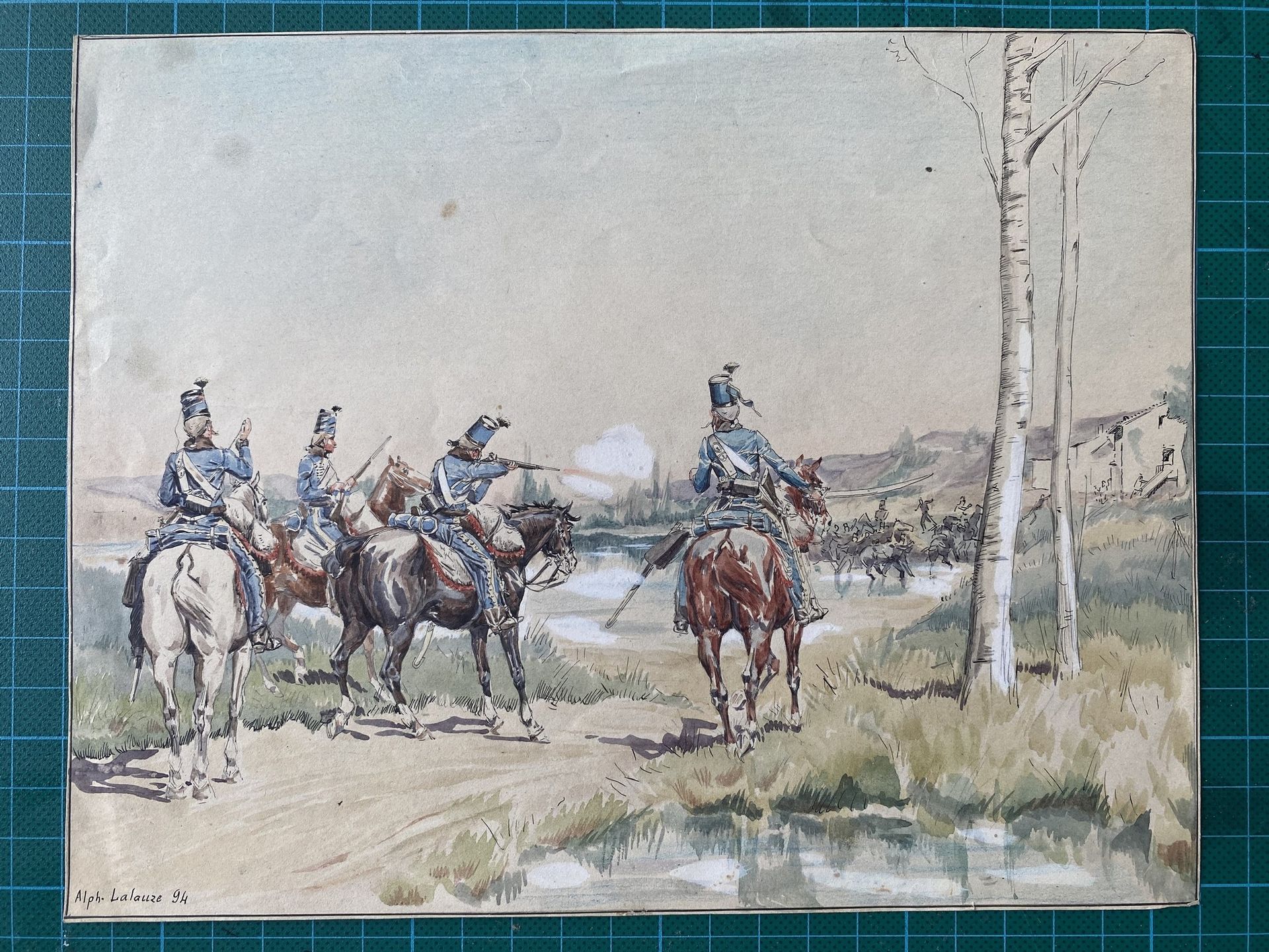 Null 
ALPHONSE LALAUZE (1872-1941), Peloton de hussards à cheval tirant sur l'en&hellip;