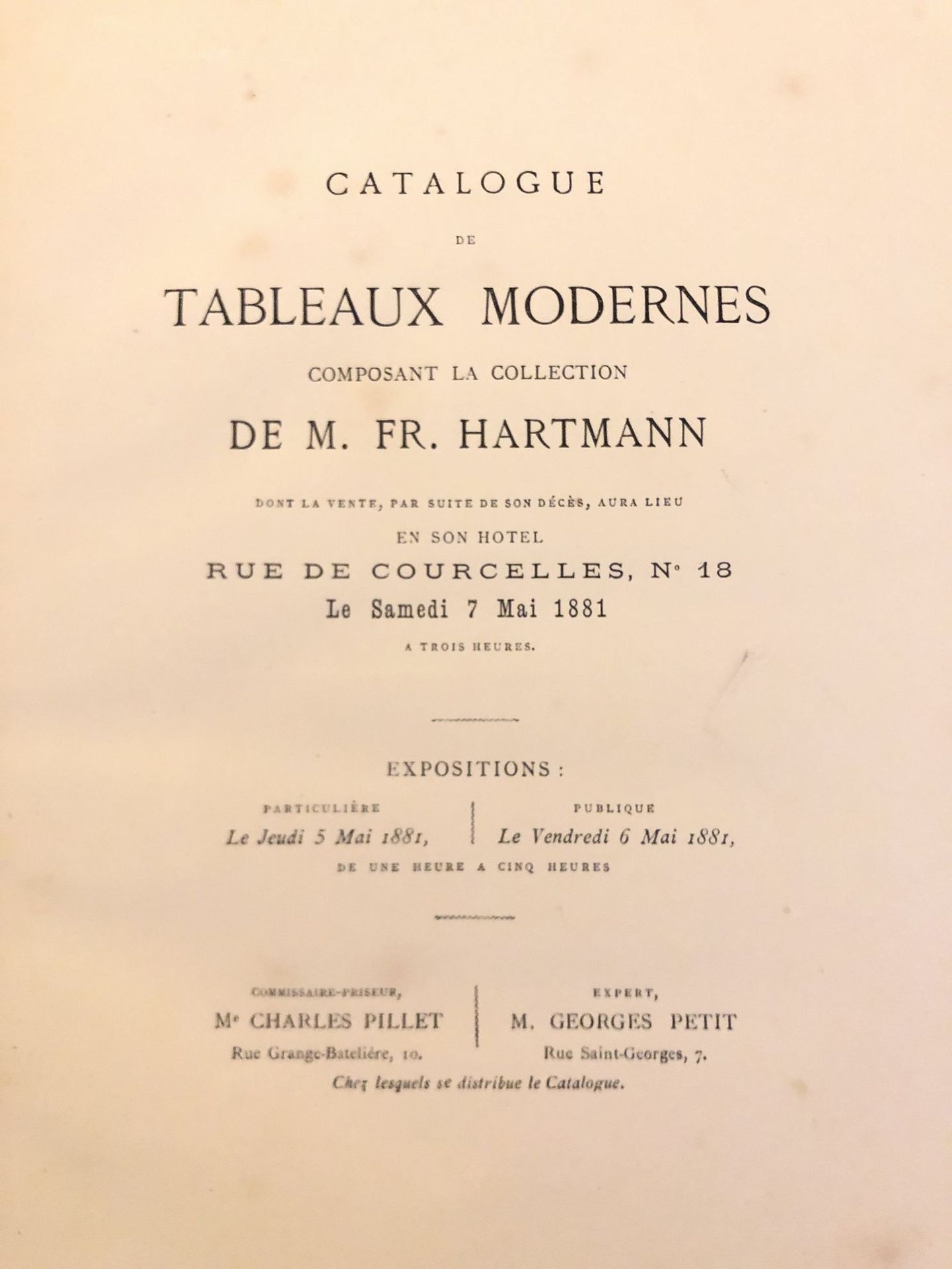 Null 
[主要销售的目录]。




- 冯-阿诺德先生收藏的现代绘画目录。哈特曼去世后，他的拍卖会将于1881年5月7日星期六在他的酒店rue de Co&hellip;
