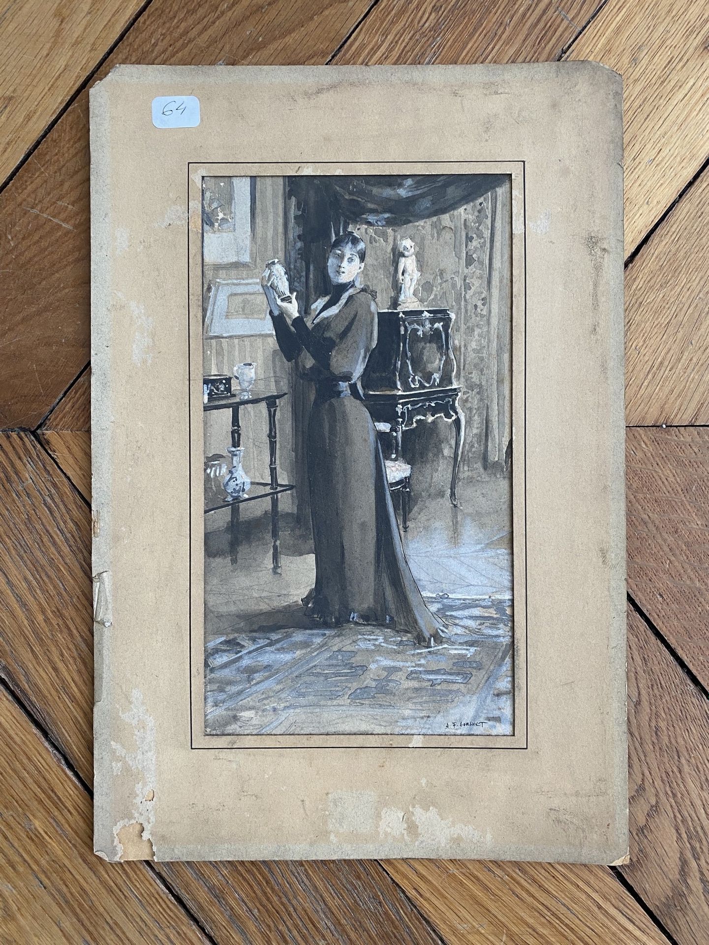 Null 
奥古斯特-弗朗索瓦-戈尔盖(1862-1927)




审视花瓶的优雅女人。 




纸上水粉和水墨画，右下角署名 "A.F. Gorguet"&hellip;