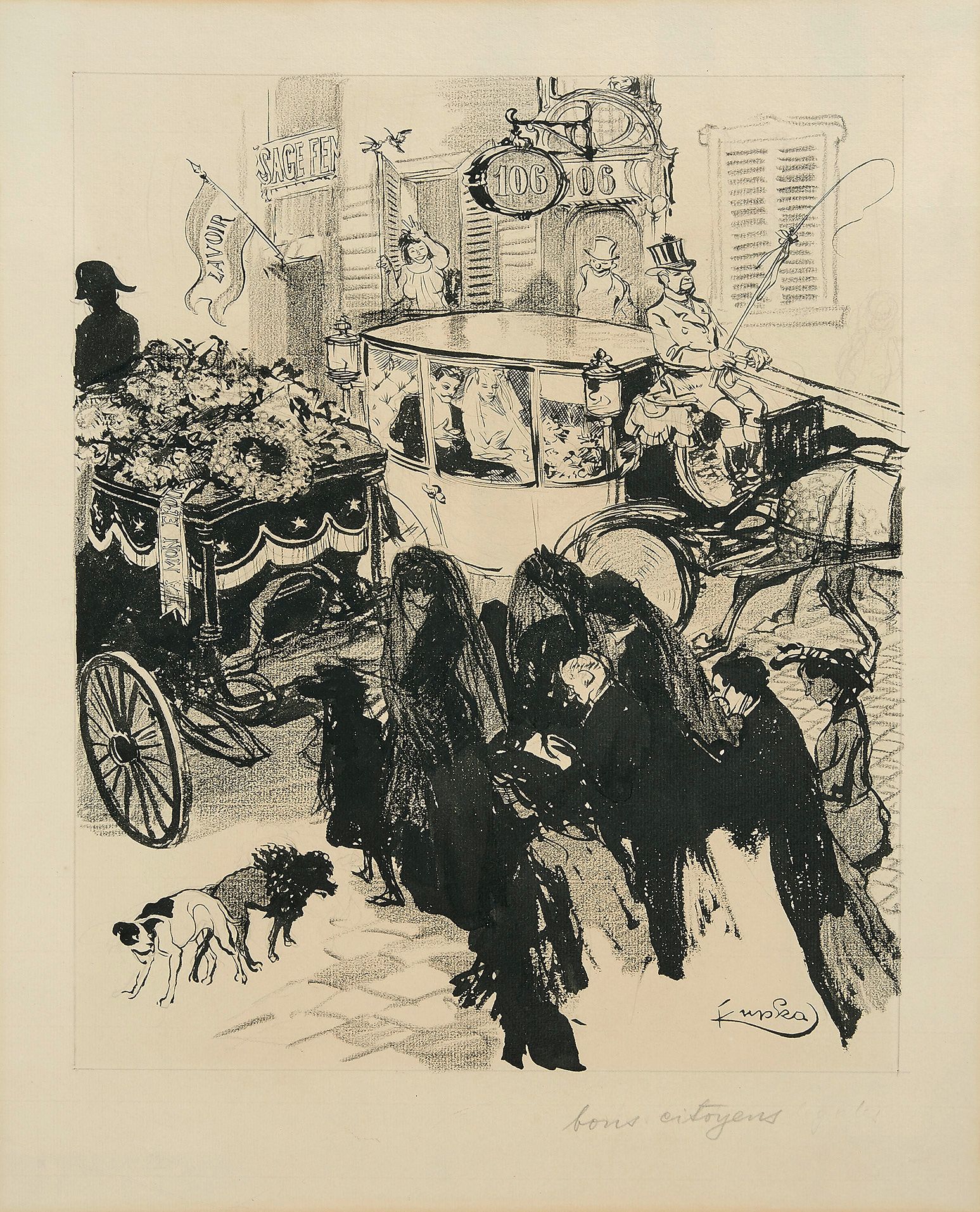 František KUPKA (Opo?no, 1871 - Puteaux, 1957) "好公民"：葬礼队伍与婚礼队伍相交
炭笔、印度墨水和灰色水洗。
右&hellip;