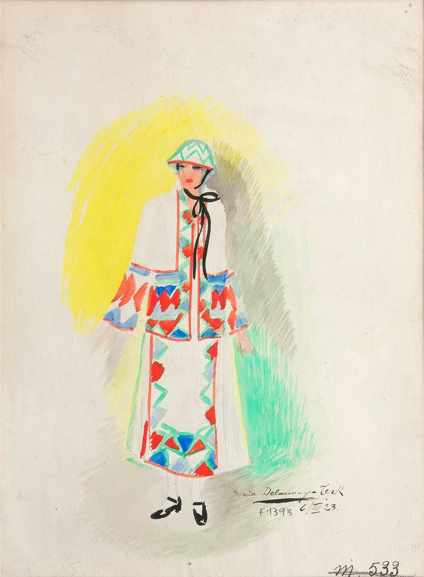 Null 索尼娅-德劳内 (1895-1979)

晚装，巴黎，1923年

水彩、水粉和墨水，右下方有签名、日期和编号F1393，右下方有划掉的数字 "m 5&hellip;