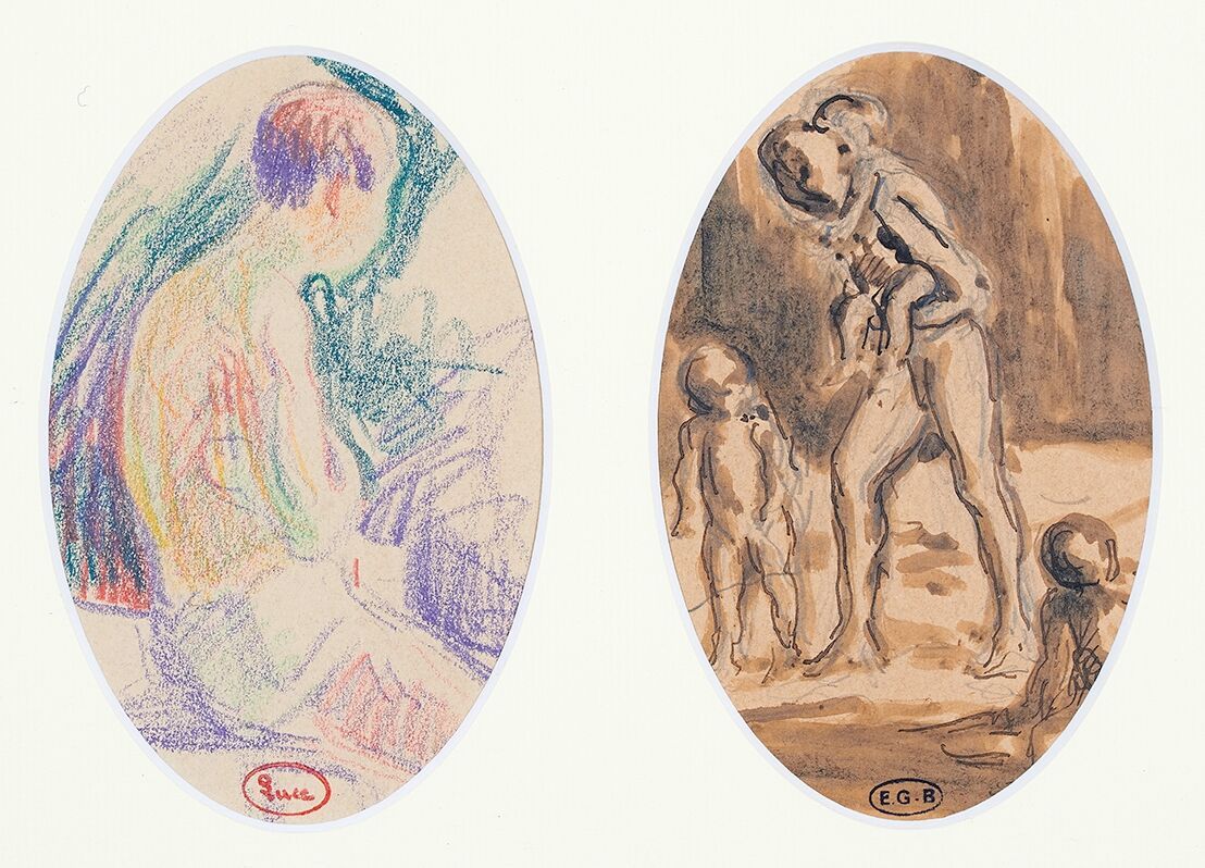Null 马克西米利安-卢斯(1858-1941)

勃艮第的沐浴者研究，约1906年

两幅画，一幅是彩色铅笔画，一幅是水墨画，装在同一个椭圆形画框里，一幅画&hellip;