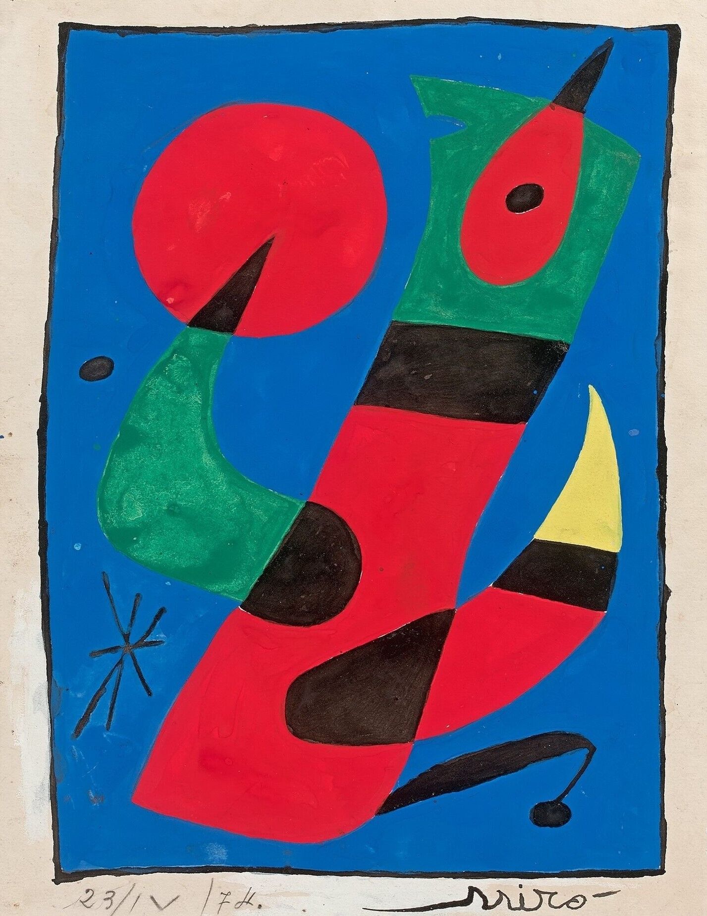 Joan MIRÓ (1893-1983), L'oiseau bleu, 1974 琼-米罗(1893-1983)

蓝鸟》，1974年

水粉和印度墨水在螺&hellip;