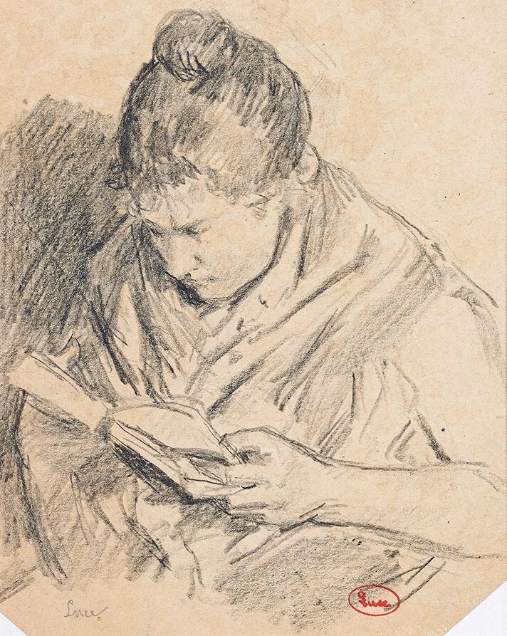 Null 马克西米利安-卢斯(1858-1941)

梳着包子的女人，在看书

黑色铅笔和树桩画，左下方有签名，右下方有工作室印章和让-布恩-卢斯的水晶印章。
&hellip;