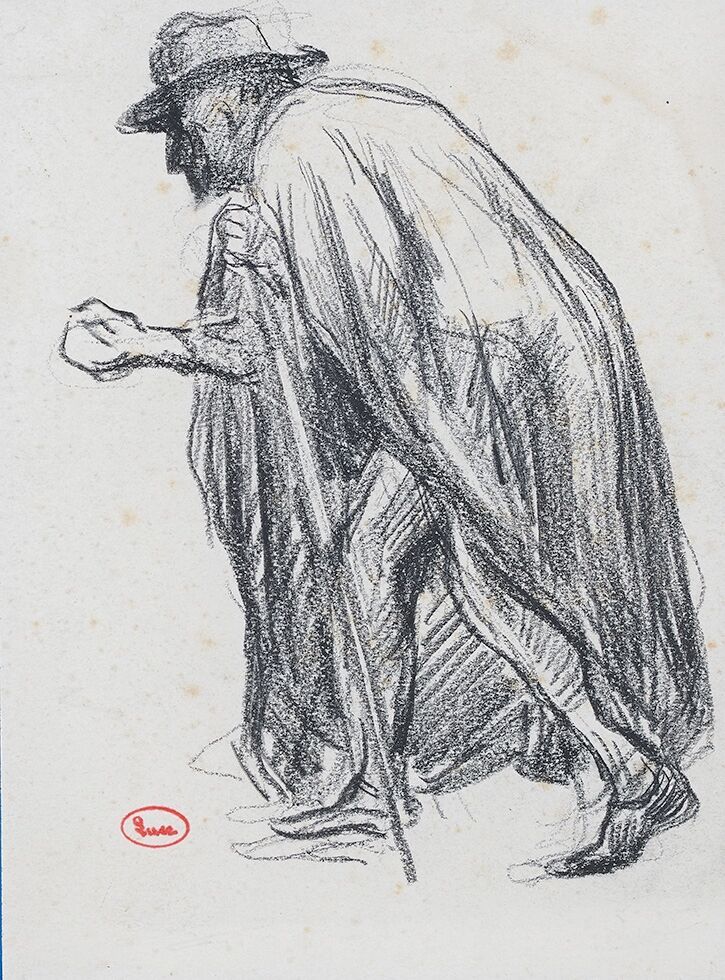 Null 马克西米利安-卢斯(1858-1941)

费利克斯-费内翁与他的帽子、斗篷和手杖的形象

黑色铅笔和树桩画，左下方有工作室的印章和Jean Boui&hellip;