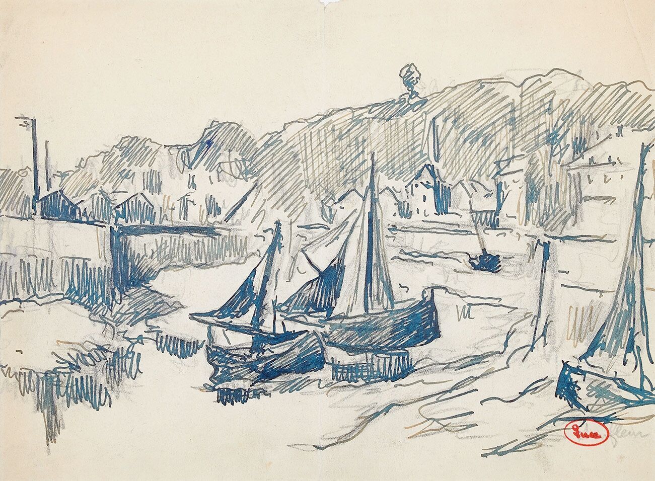 Null 马克西米利安-卢斯(1858-1941)

翁弗勒尔，退潮时的帆船

铅笔线上的水墨画，盖有工作室的印章，右下方注有Honfleur字样。

(中上部&hellip;