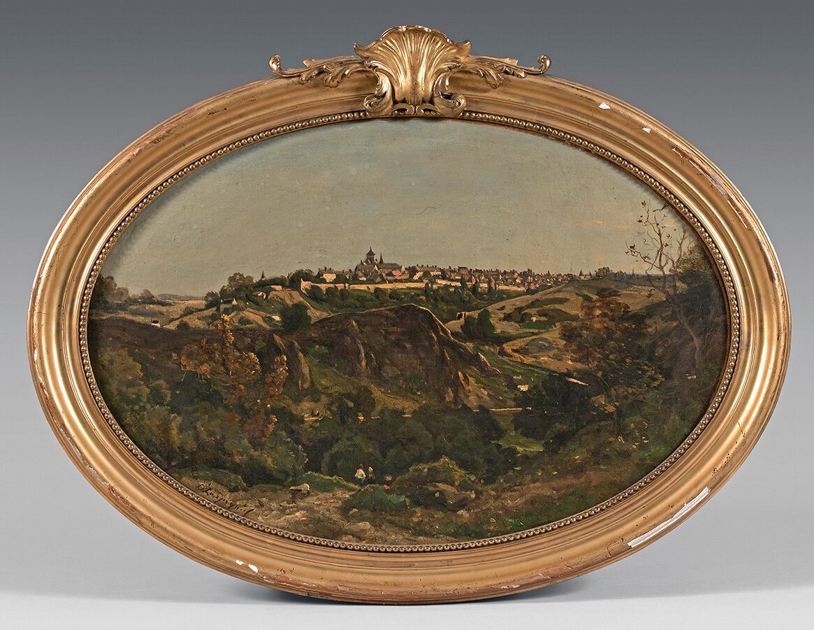 Null 亨利-约瑟夫-哈皮涅斯（1819-1916）。

阿瓦隆的景观

公园里的园丁

两个椭圆形的布面油画形成一个吊坠，左下方有签名。 

48 x 70&hellip;